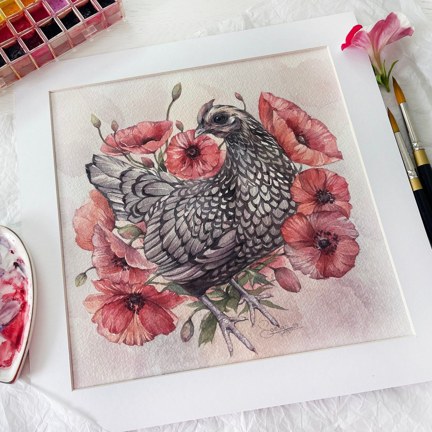 Chicken in Poppy Flowers. Original watercolor painting.