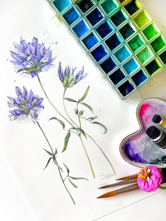 Blue Wildflowers. Original watercolor painting.