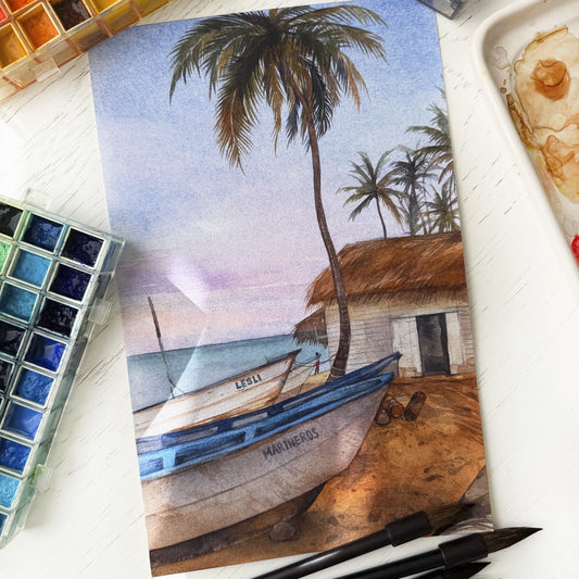 Fishing Village. Original watercolor painting.