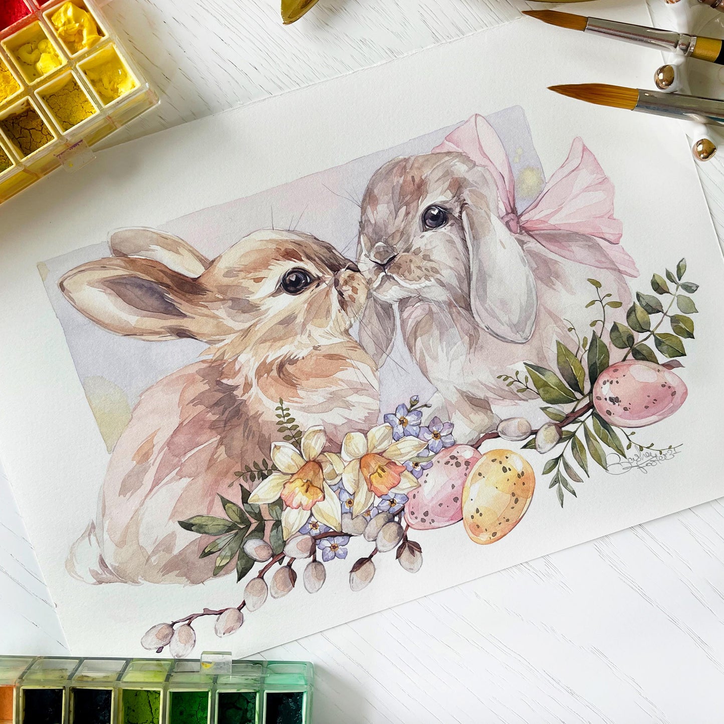 Springtime Bunnies. Original watercolor painting.