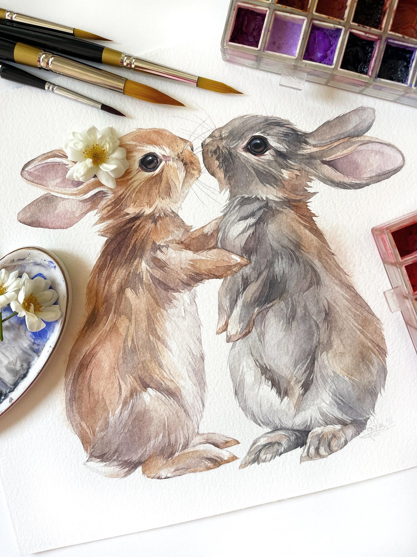 Bunny Love. Original watercolor painting.