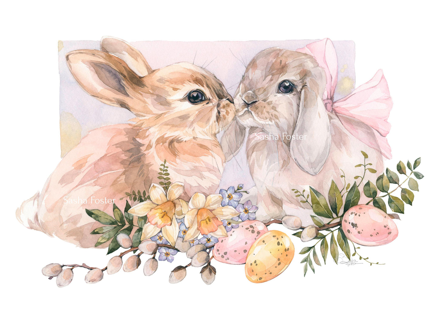 Springtime Bunnies. Original watercolor painting.