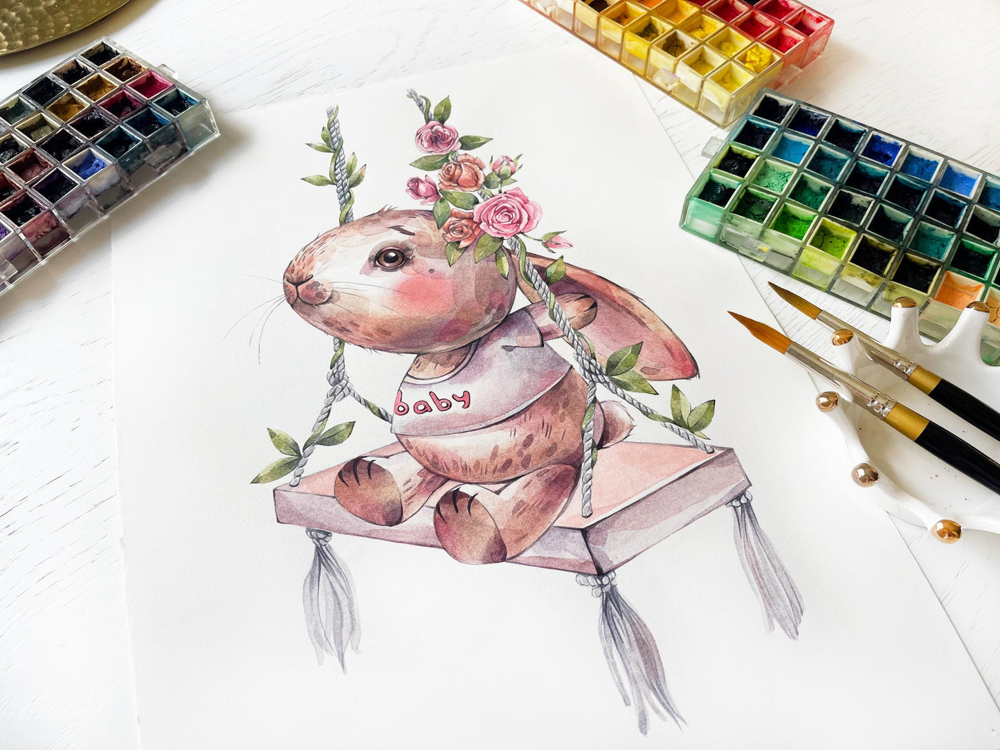 Sweet baby rabbit. Original watercolor painting.