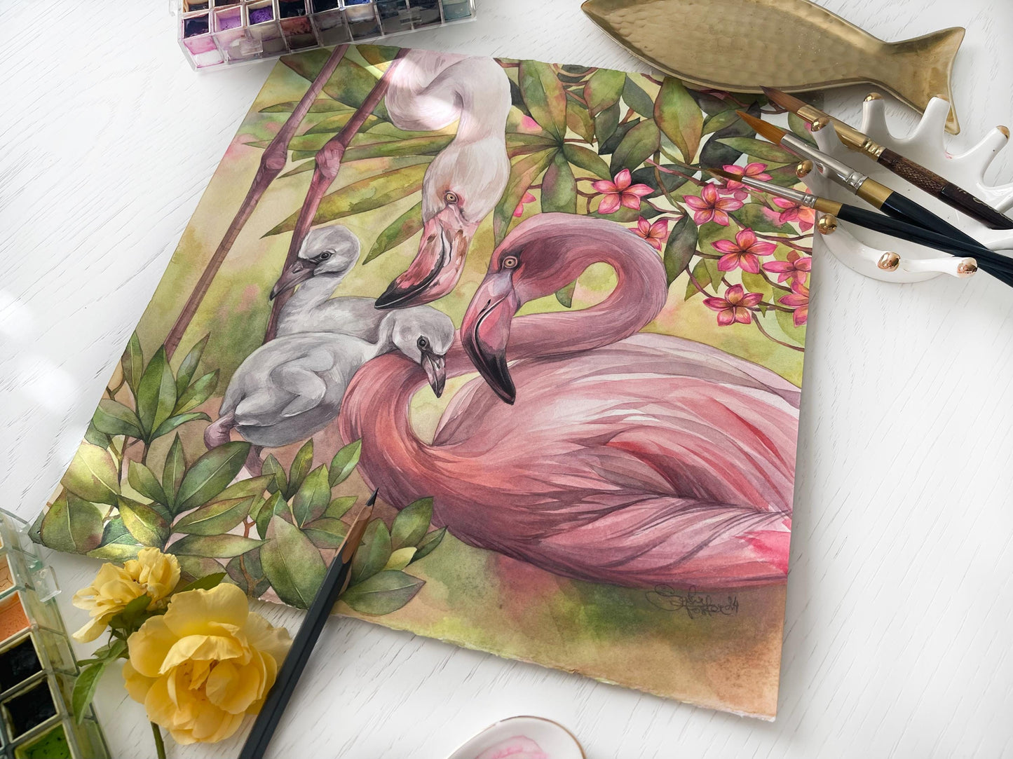 Family in Bloom. Original watercolor painting. Wall Art.