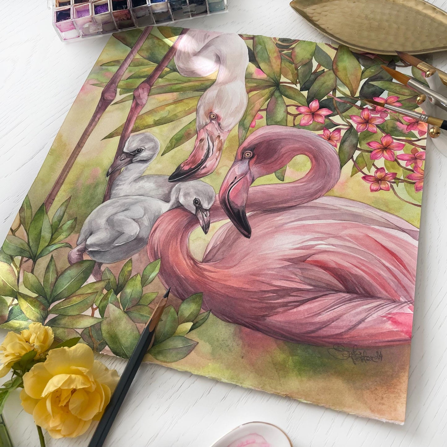 Flamingo Family. Original watercolor painting.