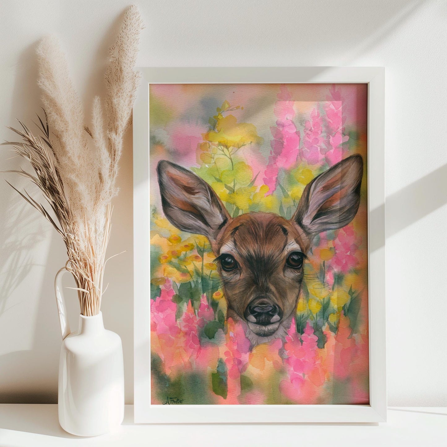 Blossom Eyes. Original watercolor painting. Fawn.