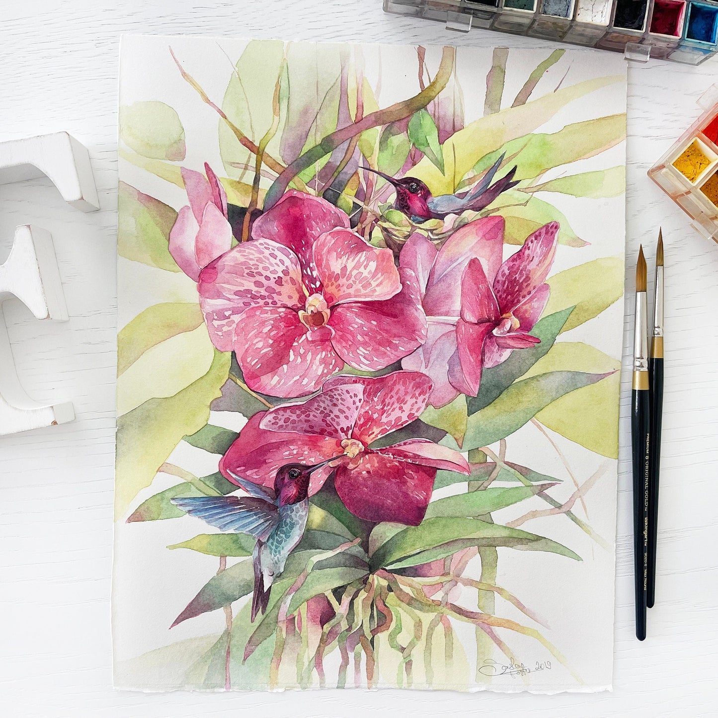 Poly and Dolly the Hummingbirds. Original watercolor painting.