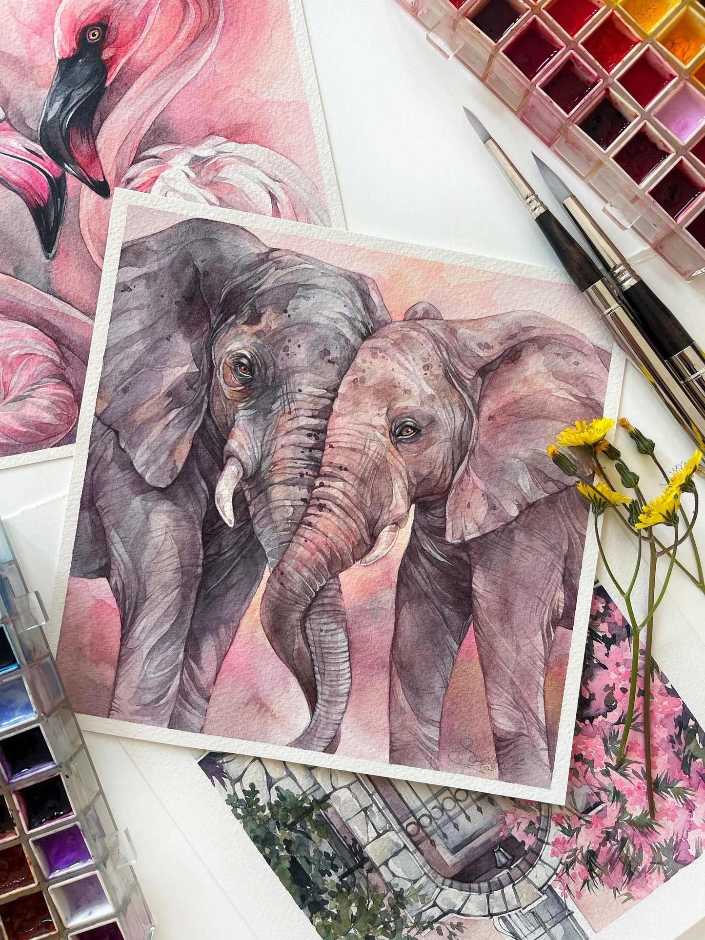 Elephant Embrace. Original watercolor painting.