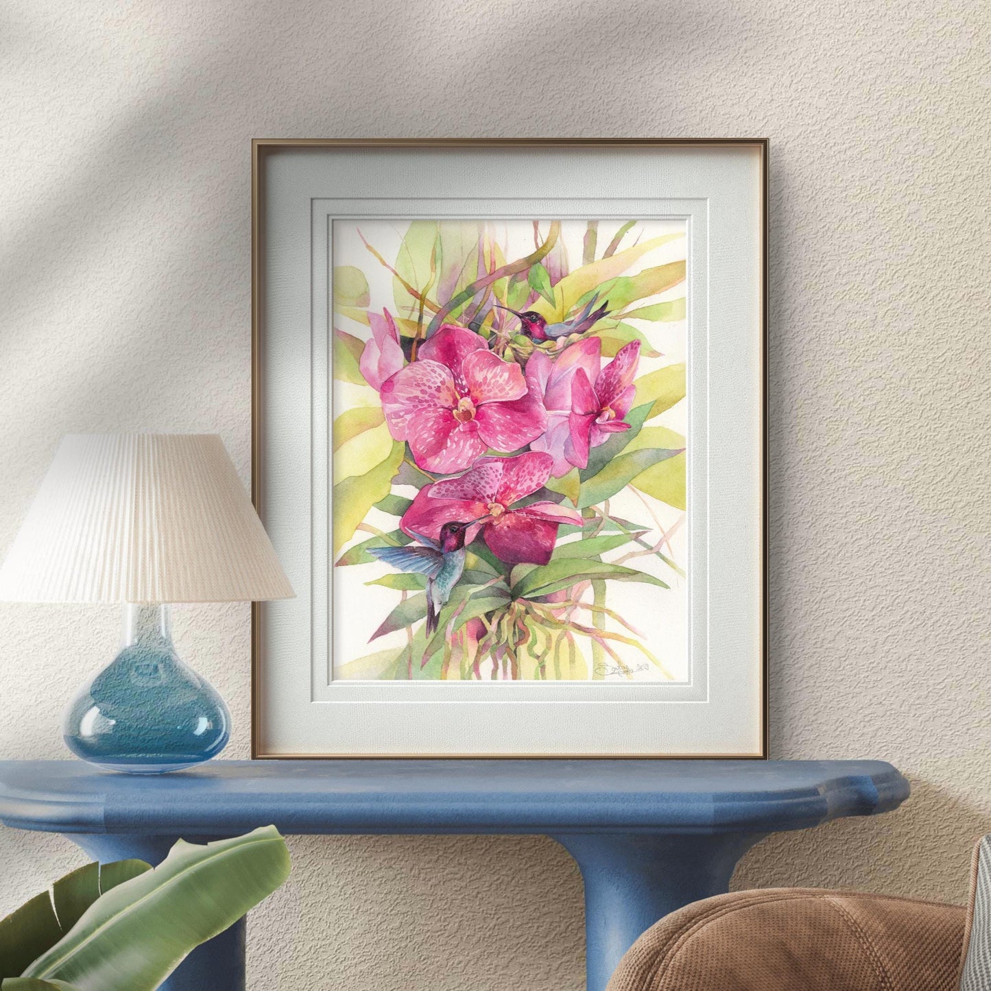 Poly and Dolly the Hummingbirds. Original watercolor painting.