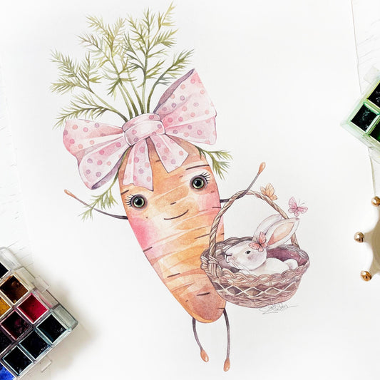 Cute Carrot and her Rabbit. Original watercolor painting.