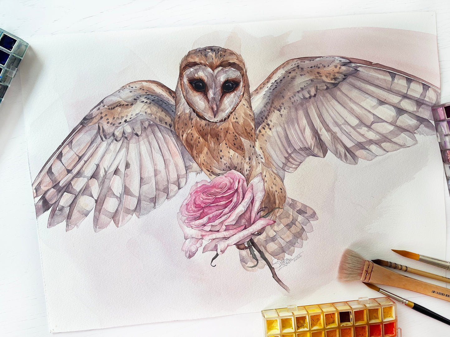 Mia the Owl. Original watercolor painting.