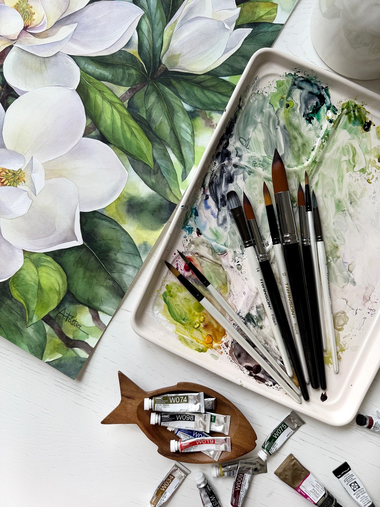 Southern Magnolias. Original watercolor painting.