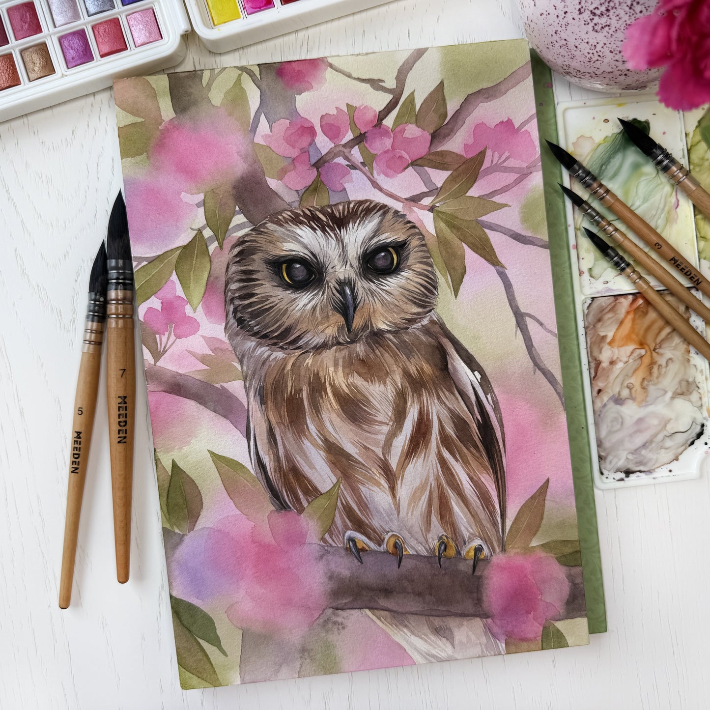 Blossom Watcher. Original watercolor painting.