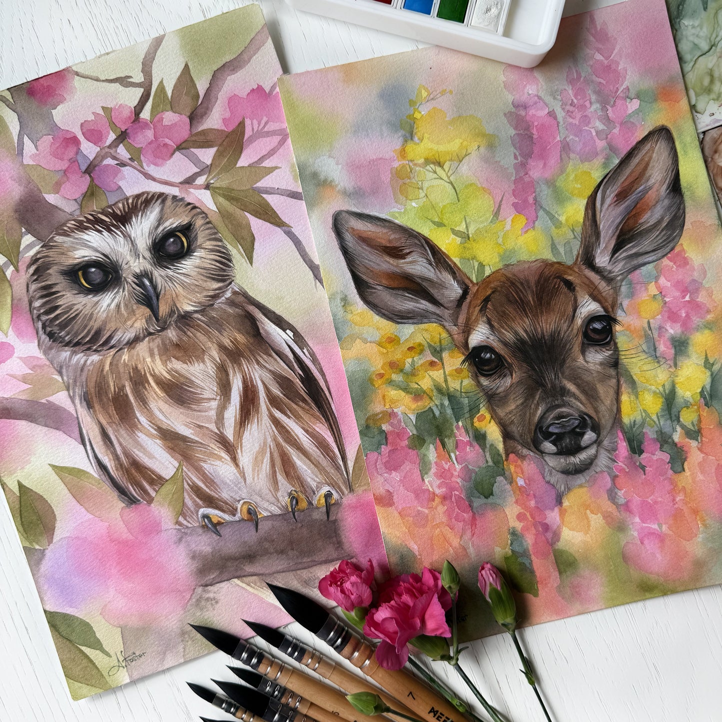 Blossom Watcher. Original watercolor painting.