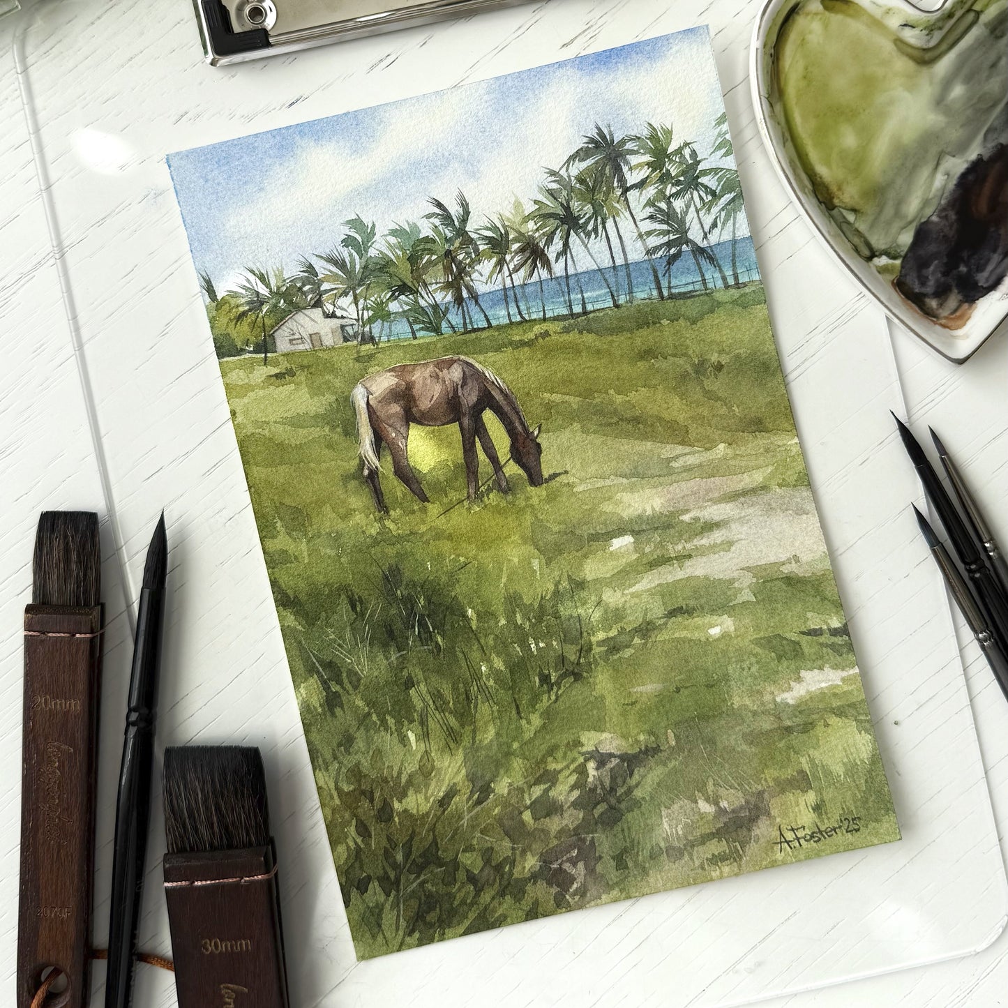 Coastal Pasture. Original watercolor painting.