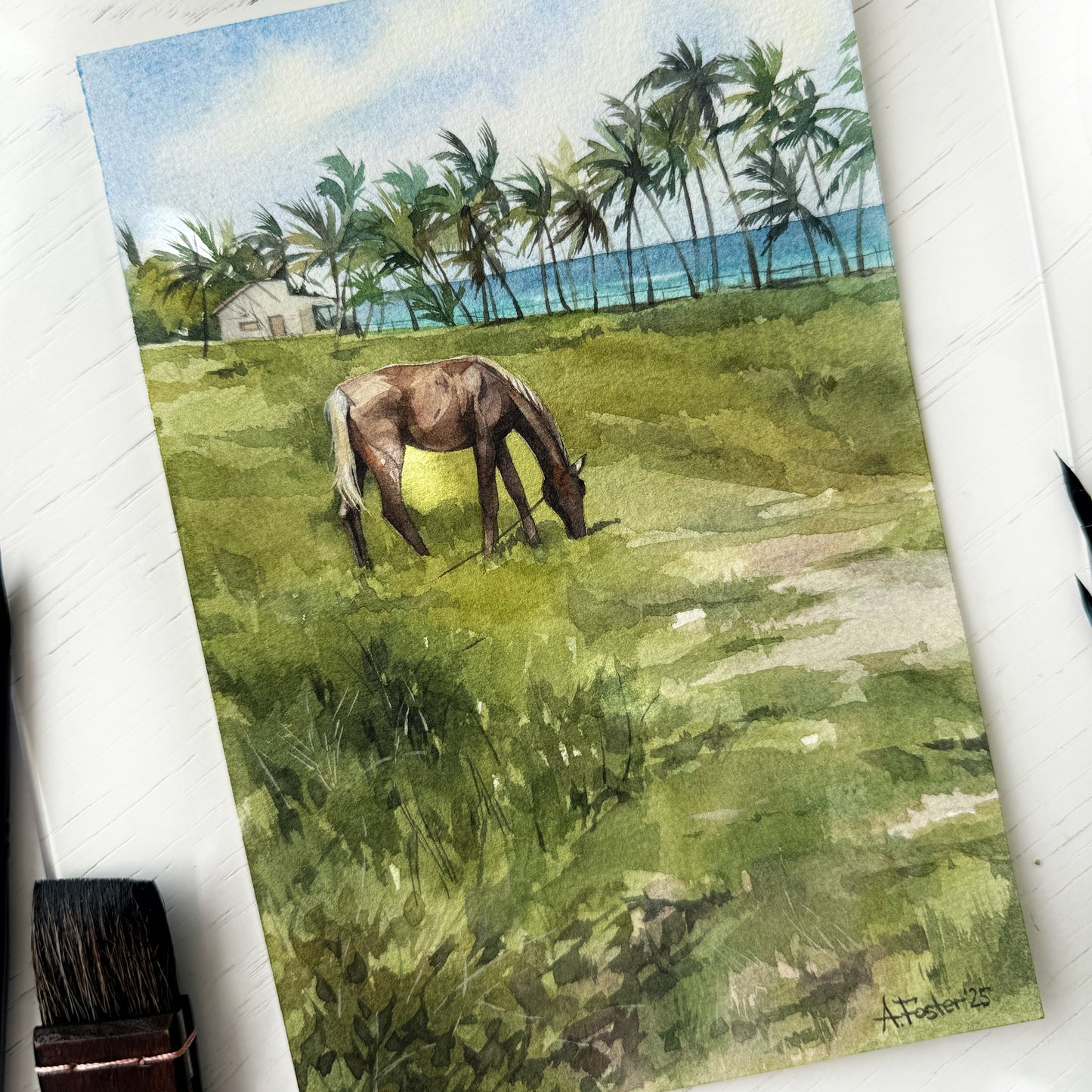 Coastal Pasture. Original watercolor painting.