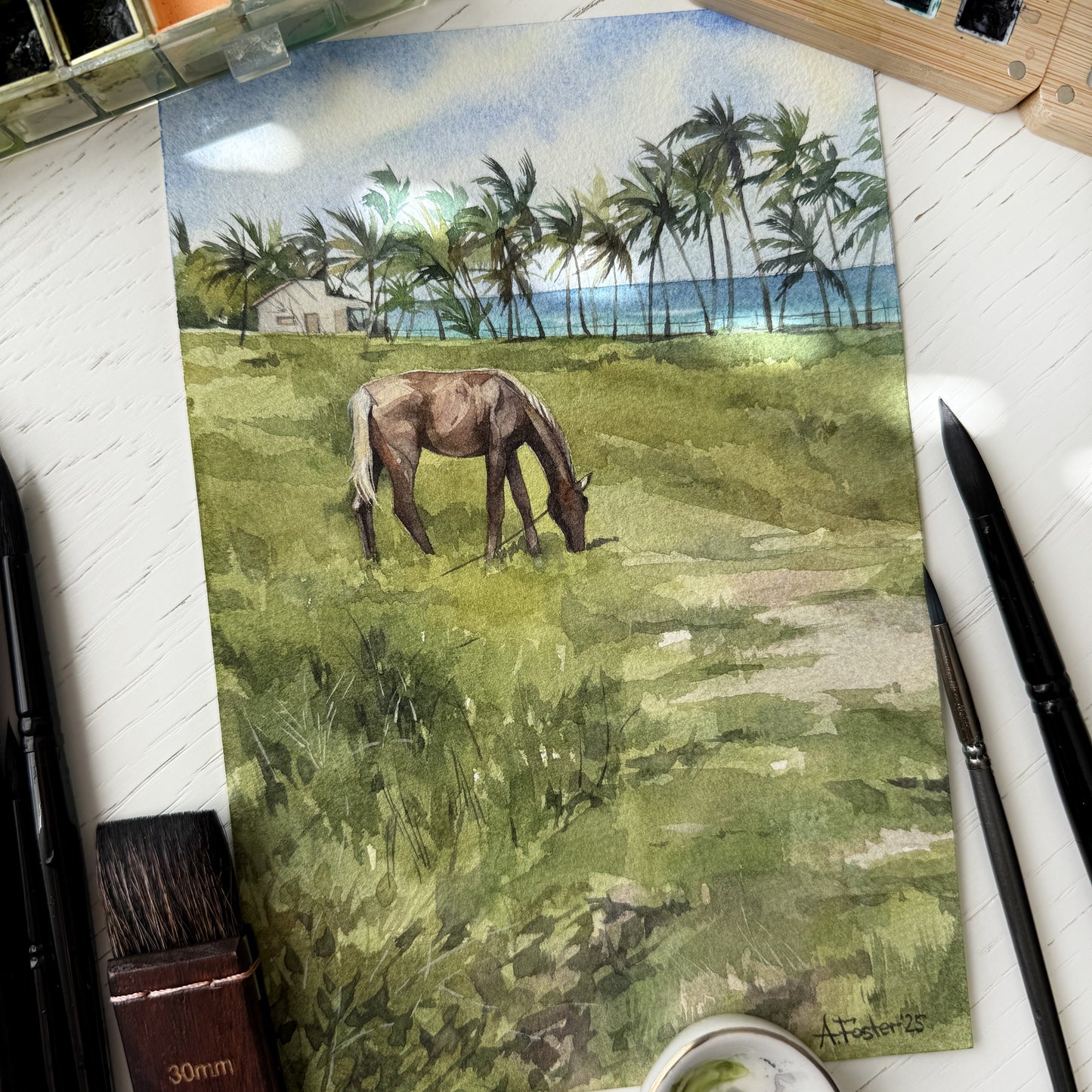 Coastal Pasture. Original watercolor painting.