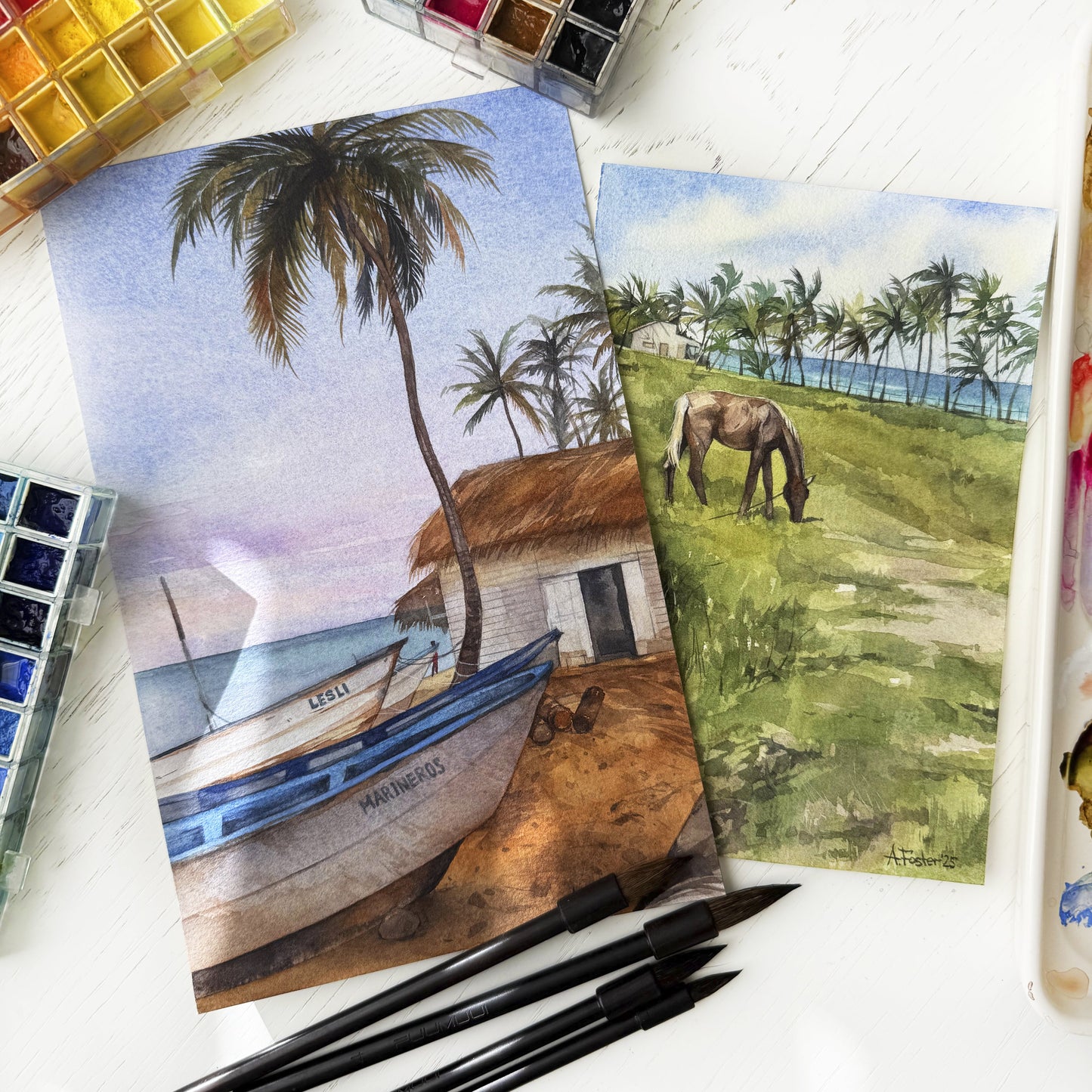 Fishing Village. Original watercolor painting.