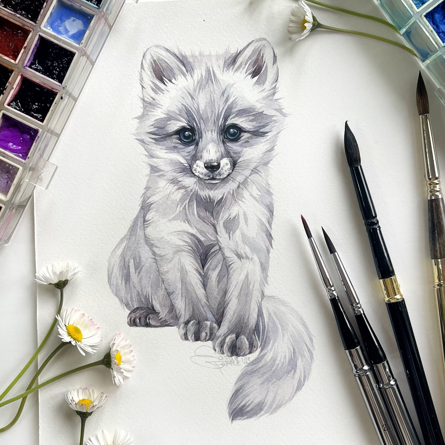 Alisa the Polar Fox. Original watercolor painting.