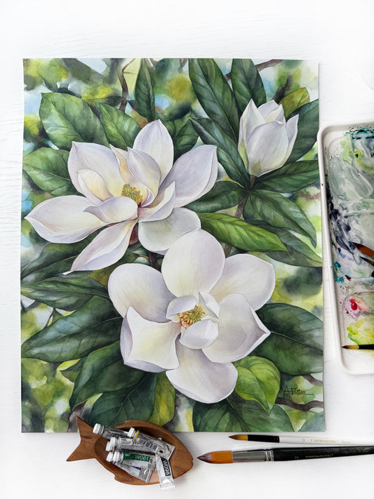Southern Magnolias. Original watercolor painting.