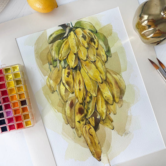 Panamanian Bananas. Original watercolor painting.