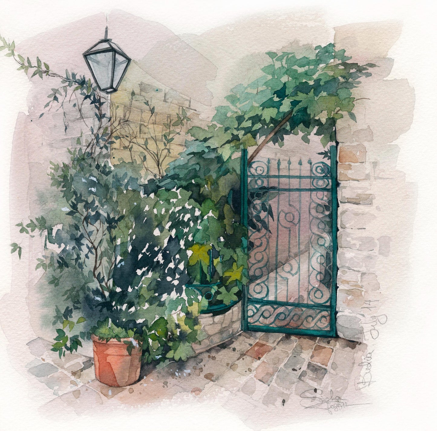 Secret Garden Gate. Original watercolor painting.