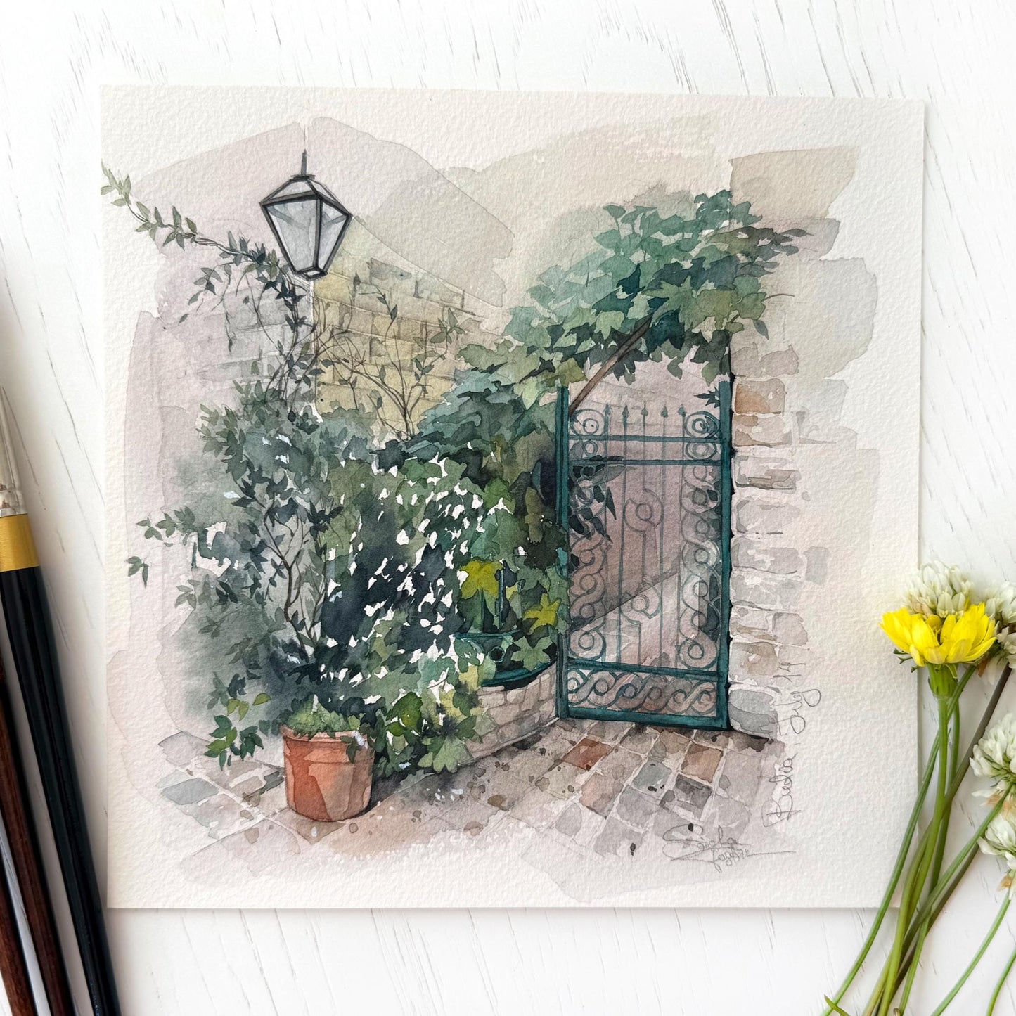 Secret Garden Gate. Original watercolor painting.