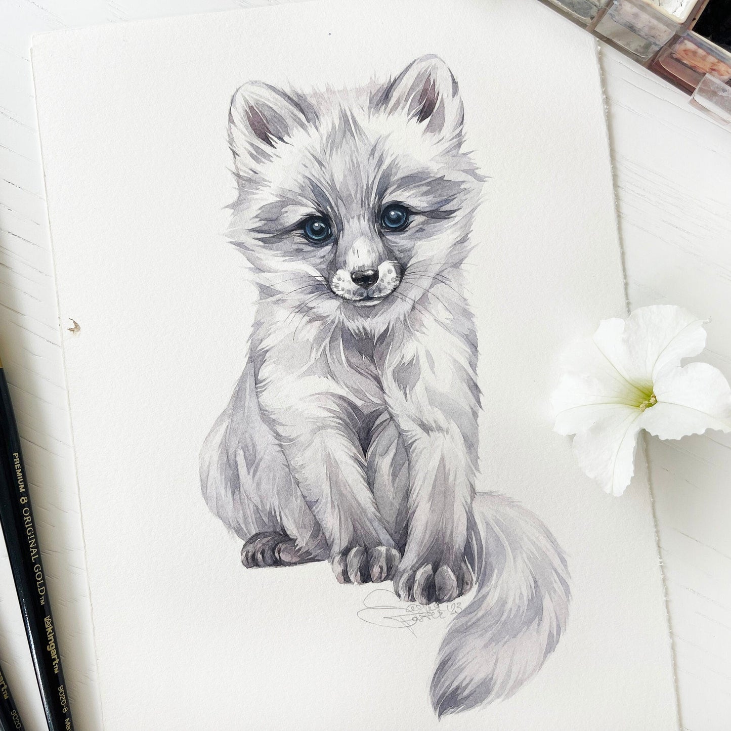 Alisa the Polar Fox. Original watercolor painting.