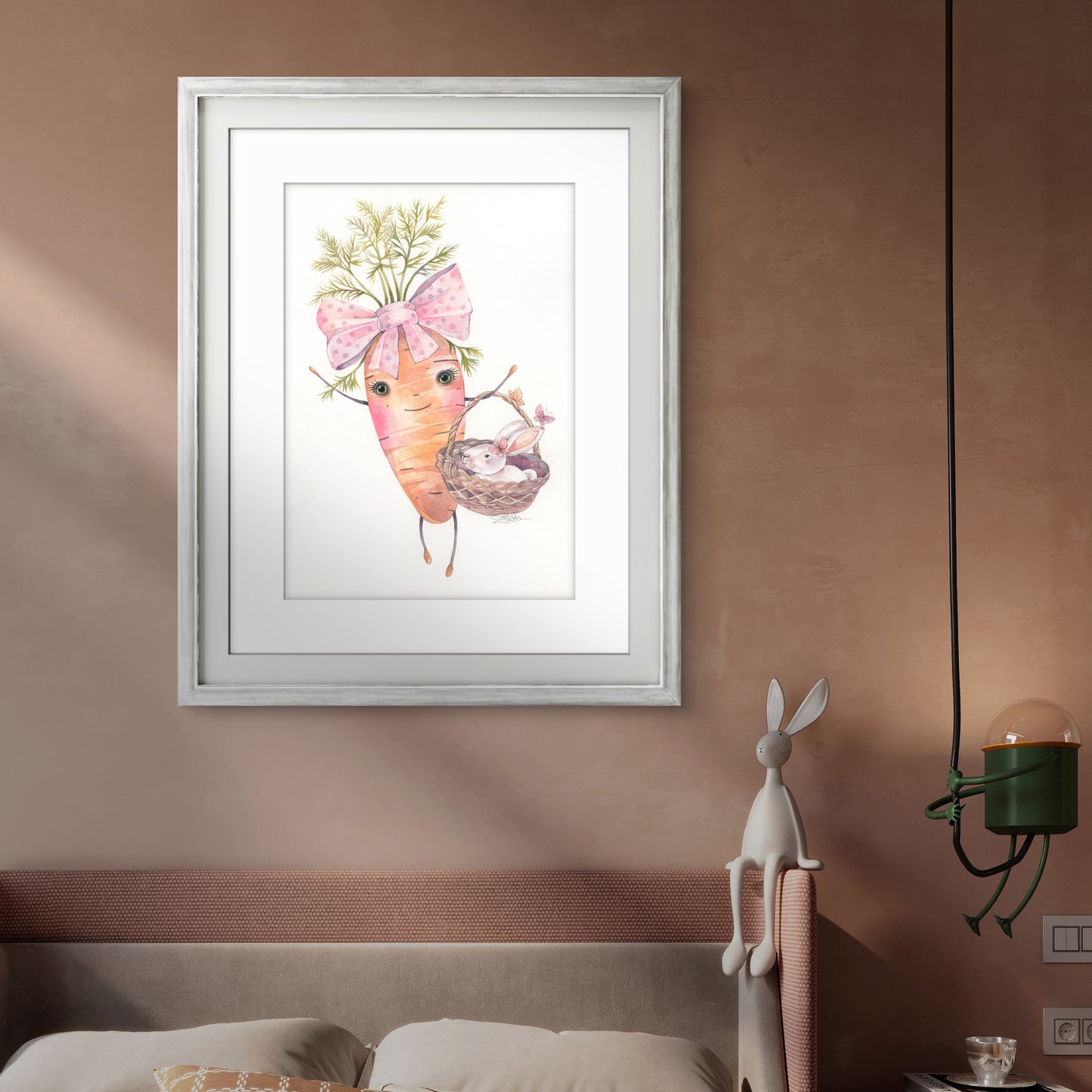 Cute Carrot and her Rabbit. Original watercolor painting.