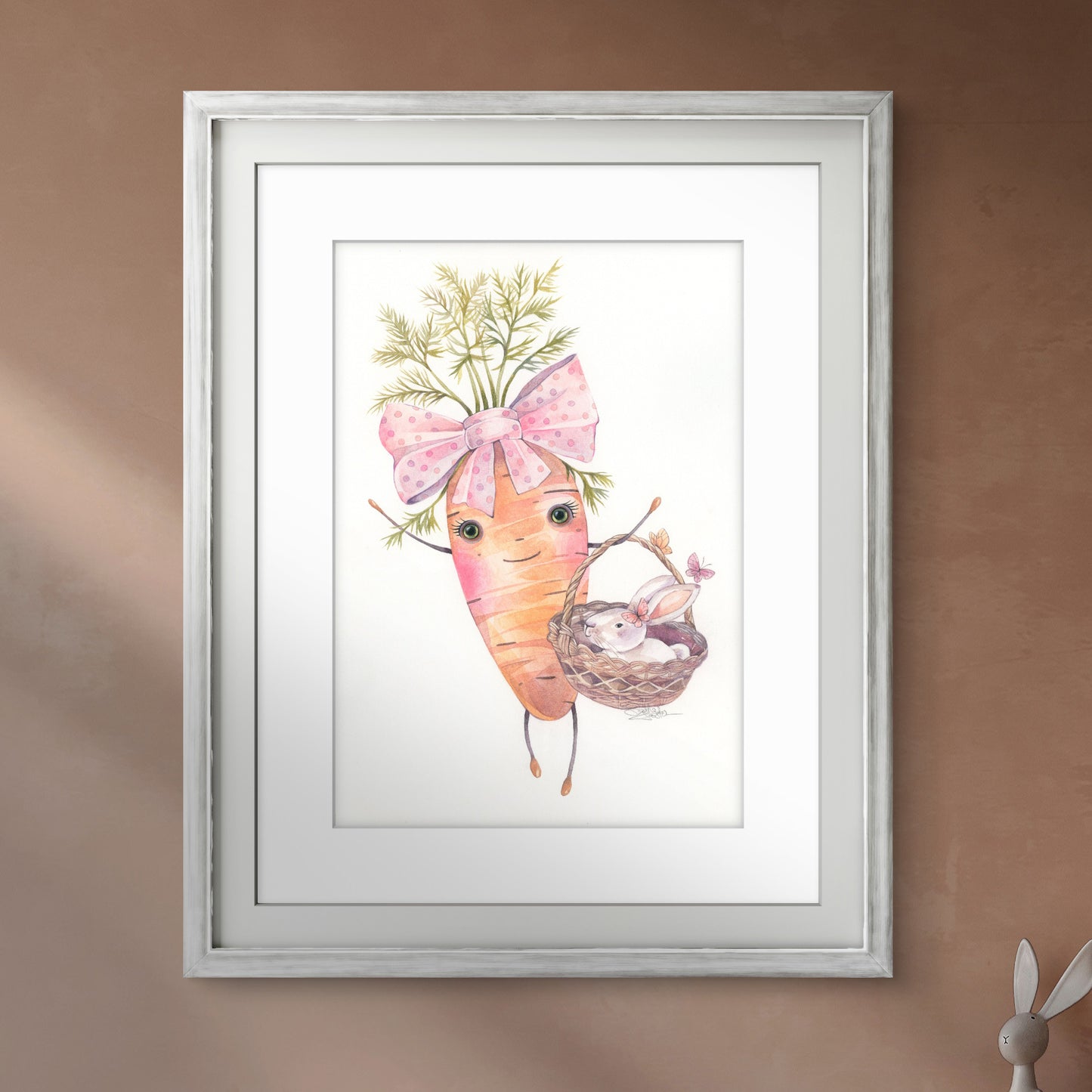 Cute Carrot and her Rabbit. Original watercolor painting.
