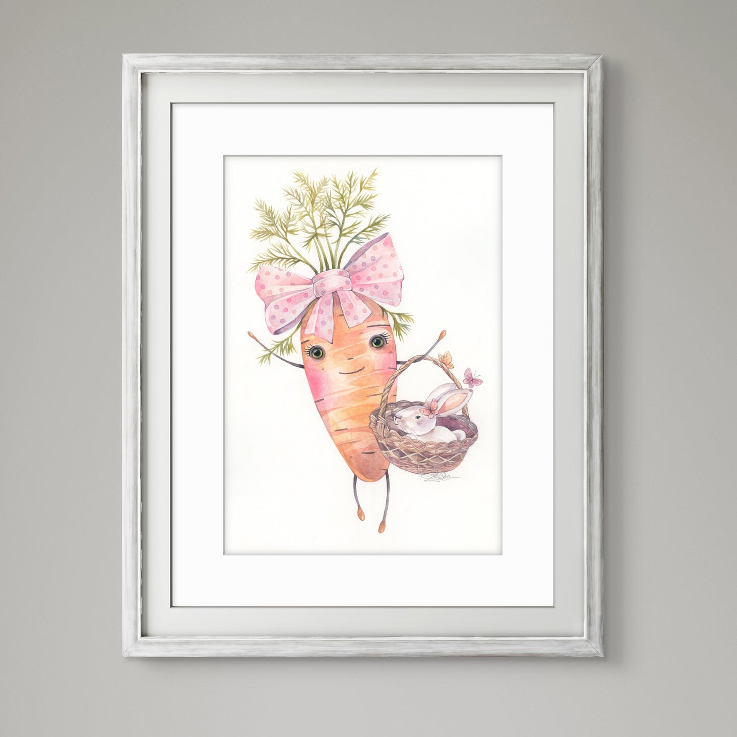 Cute Carrot and her Rabbit. Original watercolor painting.