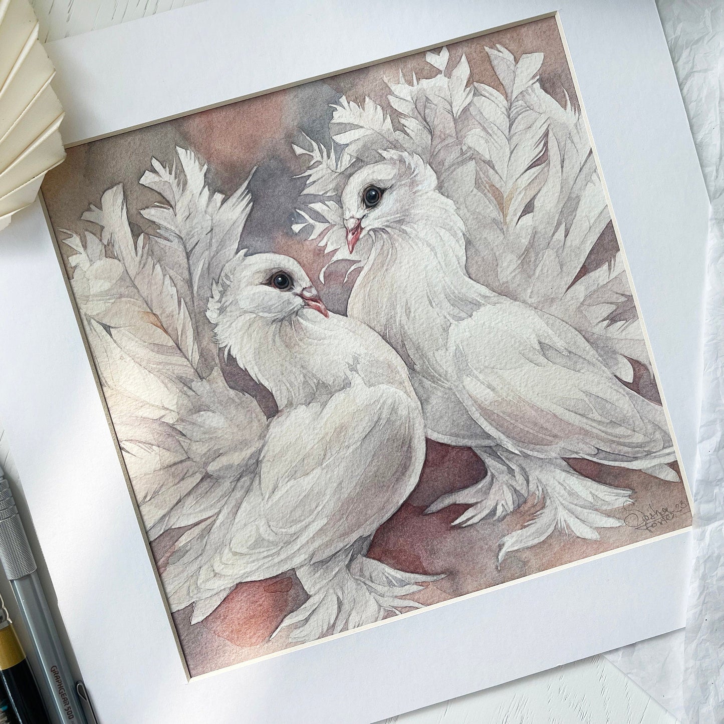 David and Chloe the Doves. Original watercolor painting.
