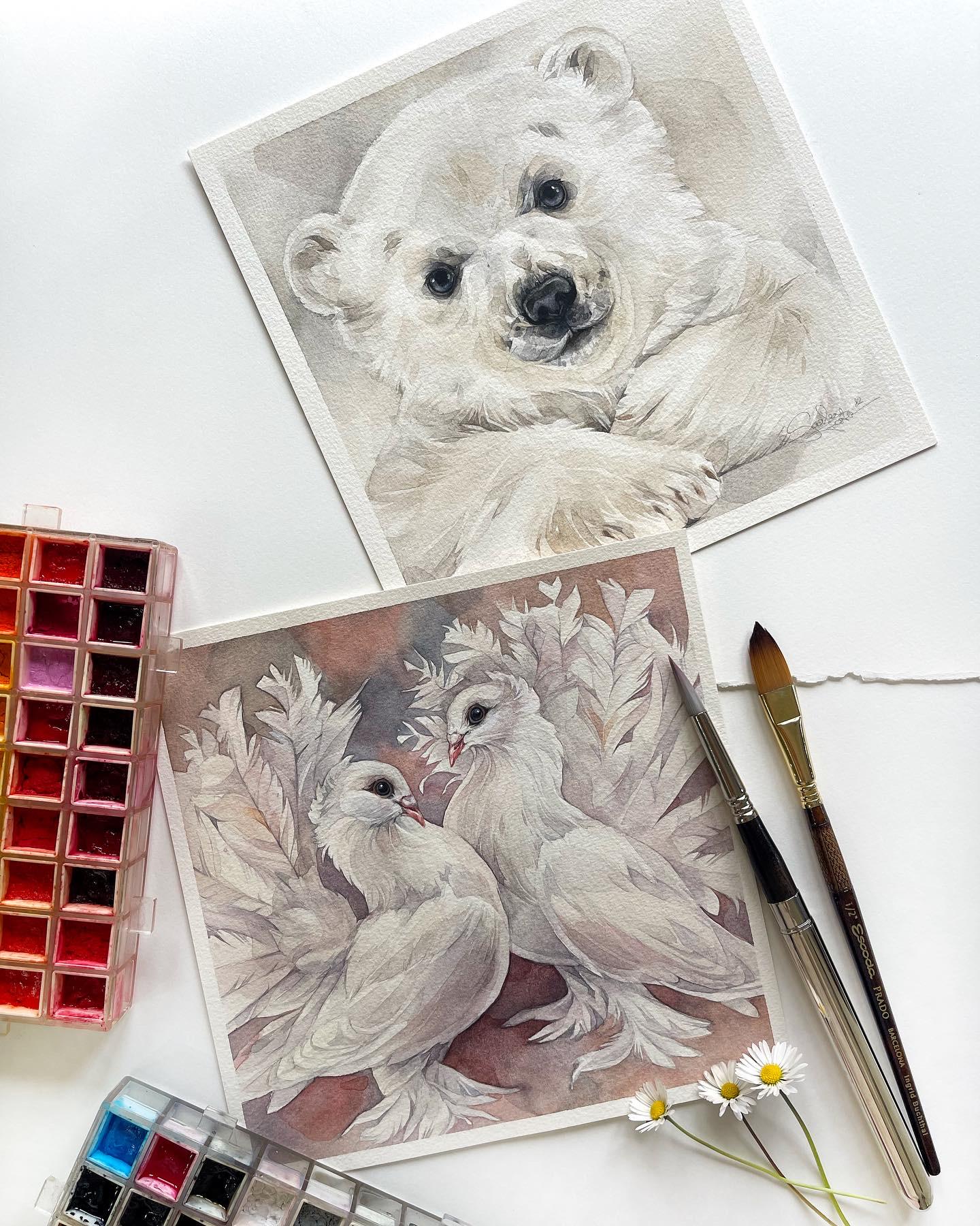 David and Chloe the Doves. Original watercolor painting.