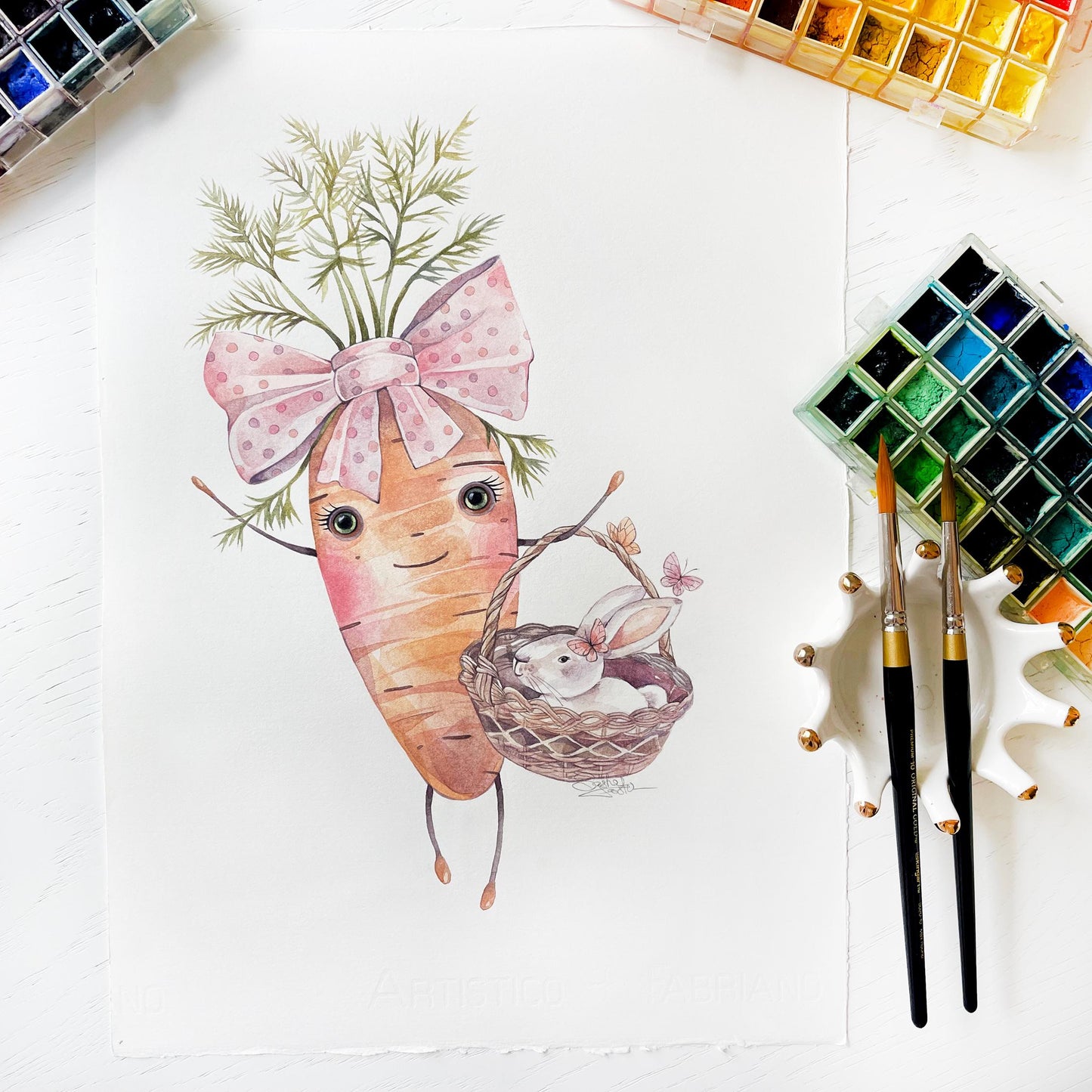 Cute Carrot and her Rabbit. Original watercolor painting.