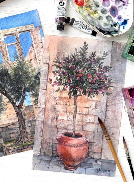 Young Greek Olive. Original watercolor painting. Wall Art.
