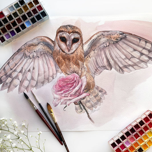 Mia the Owl. Original watercolor painting.