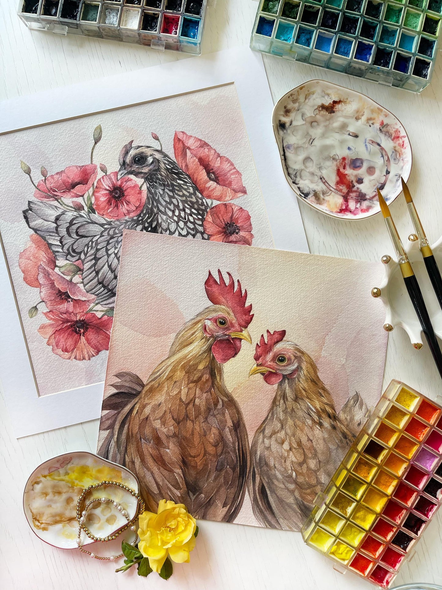 Chicken in Poppy Flowers. Original watercolor painting.
