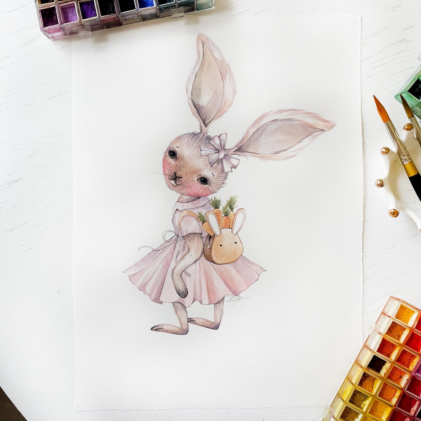 Sweet pupil rabbit. Original watercolor painting.