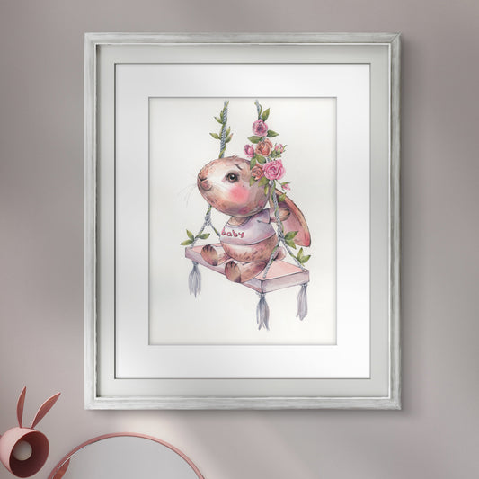 Sweet baby rabbit. Original watercolor painting.