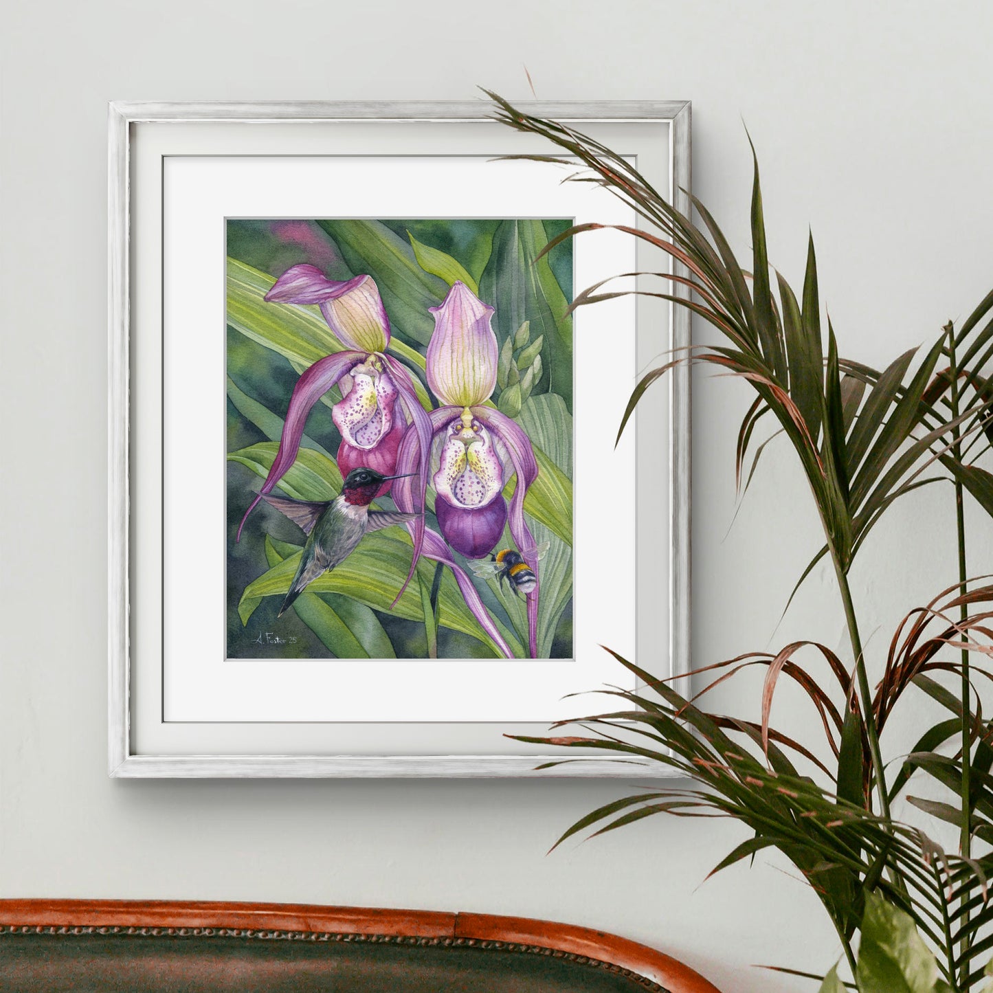 Hummingbird and Bumblebee. Original watercolor painting.