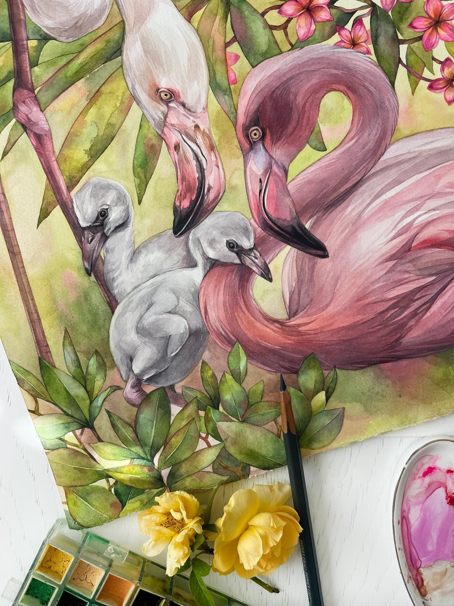 Family in Bloom. Original watercolor painting. Wall Art.