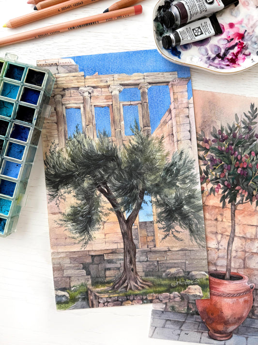Athena's Gift. Original watercolor painting.