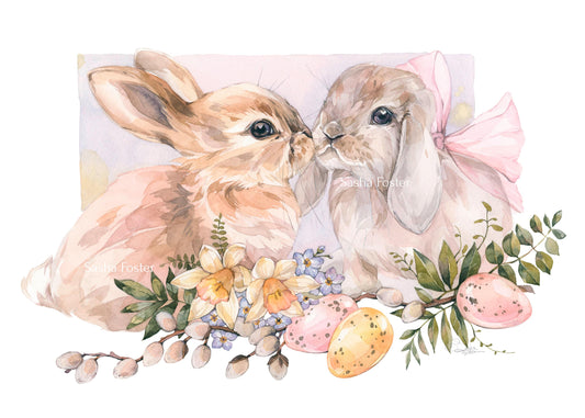 Springtime Bunnies. Original watercolor painting.