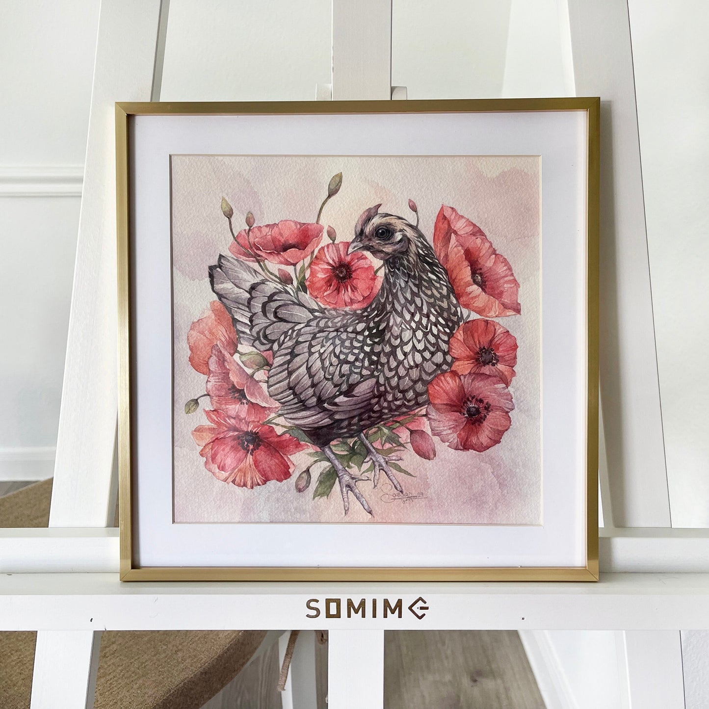 Chicken in Poppy Flowers. Original watercolor painting.