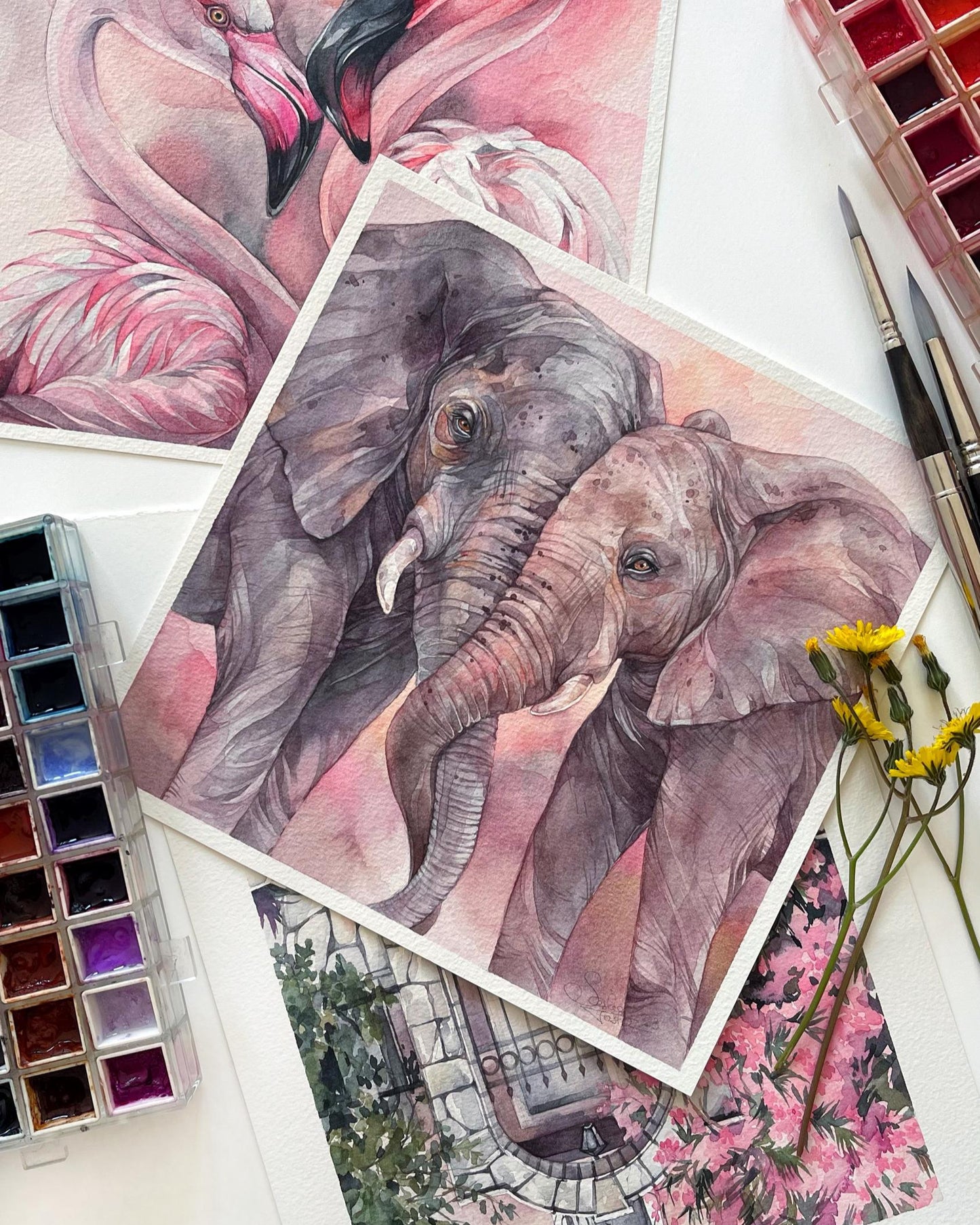 Elephant Embrace. Original watercolor painting.