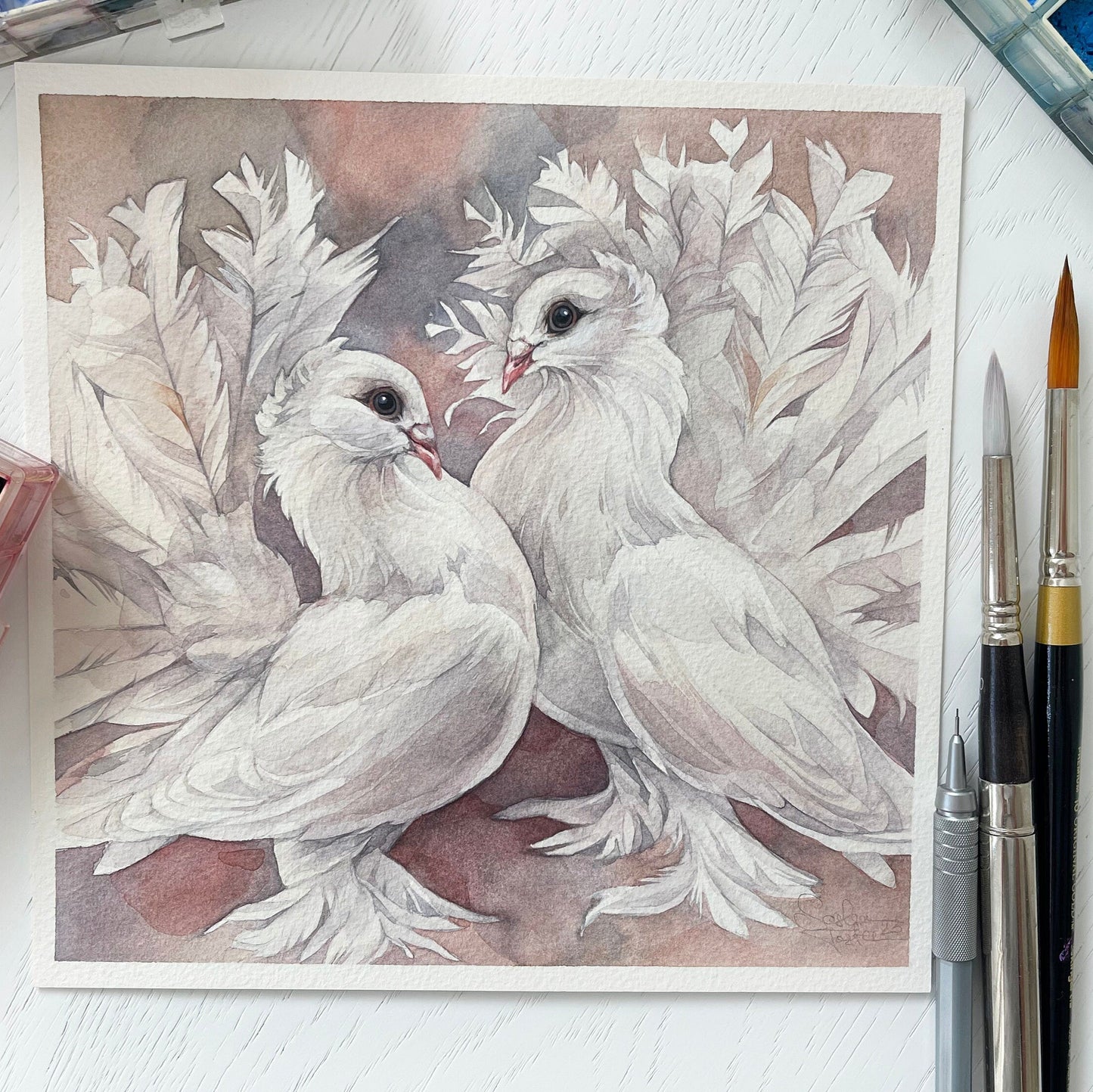David and Chloe the Doves. Original watercolor painting.