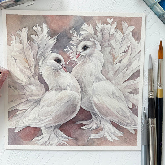 David and Chloe the Doves. Original watercolor painting.