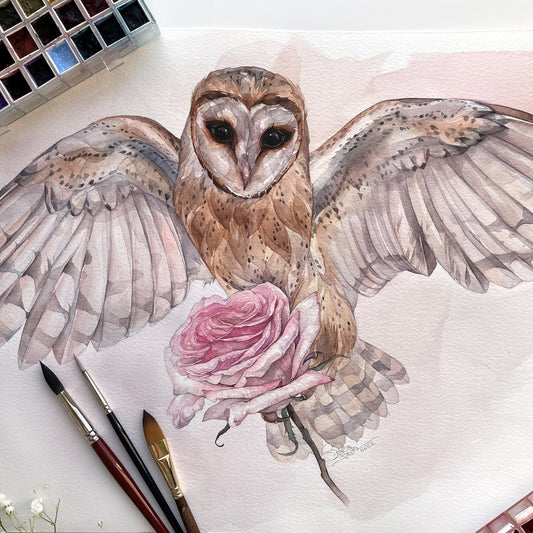 Mia the Owl. Original watercolor painting.