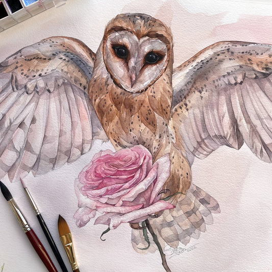 Mia the Owl. Original watercolor painting.