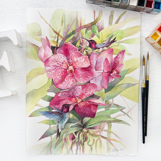 Poly and Dolly the Hummingbirds. Original watercolor painting.